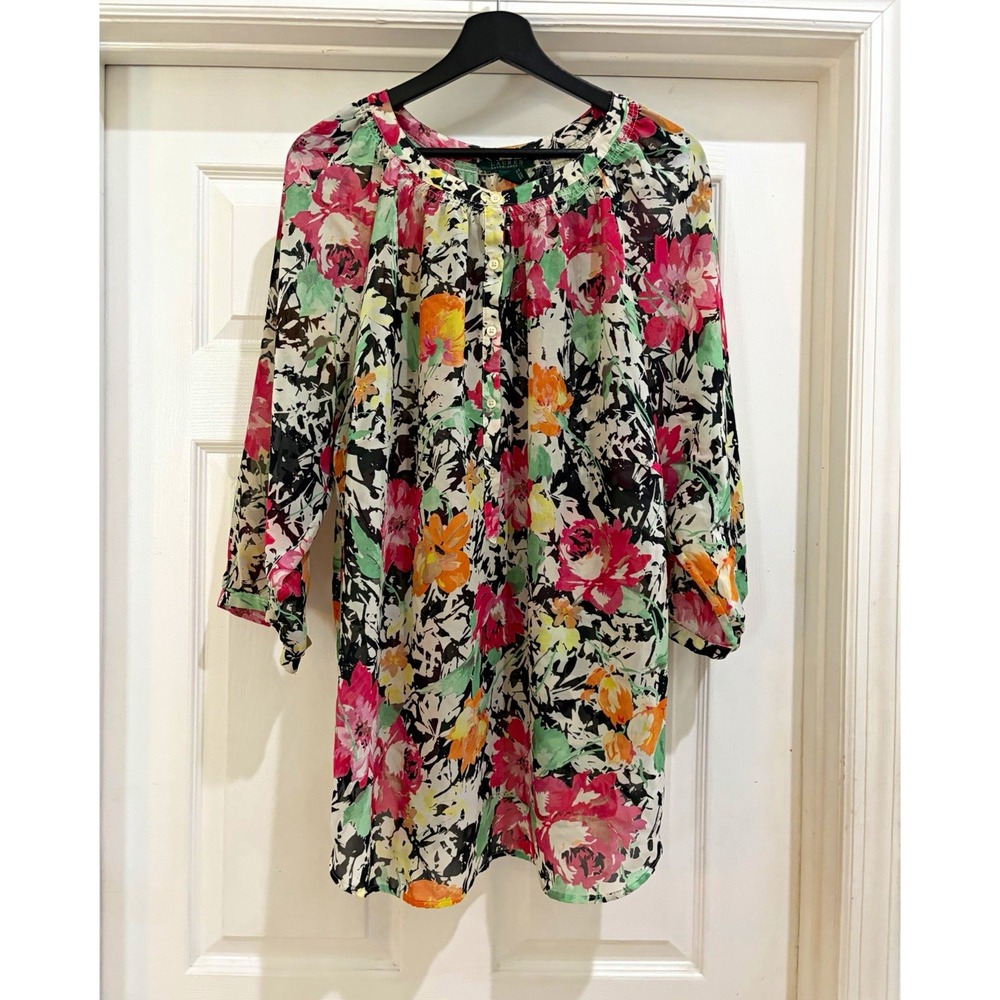 Lauren Ralph Lauren Womens Plus 2X Multicolor Floral Tunic Blouse 3/4 Sleeve